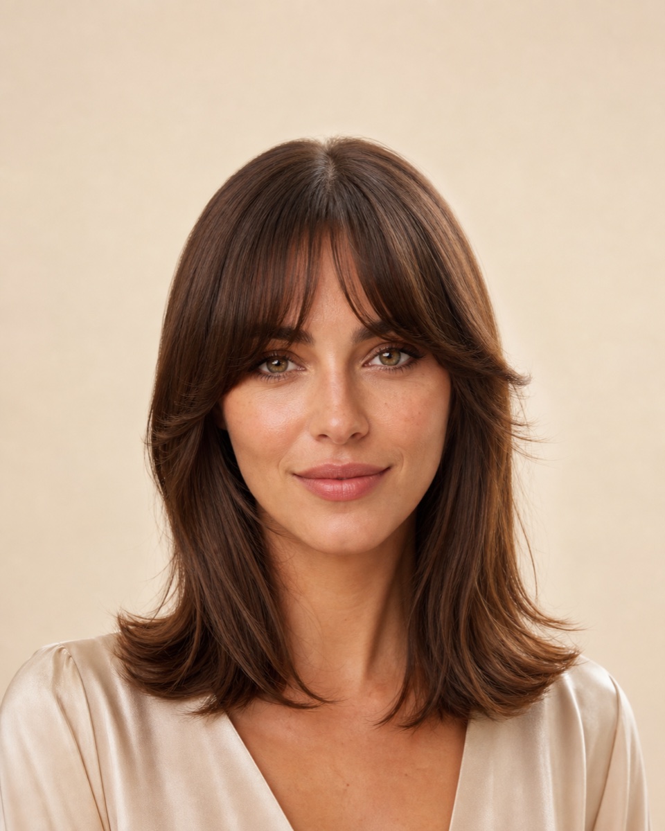 Freshly shaped soft fringe after a bang trim