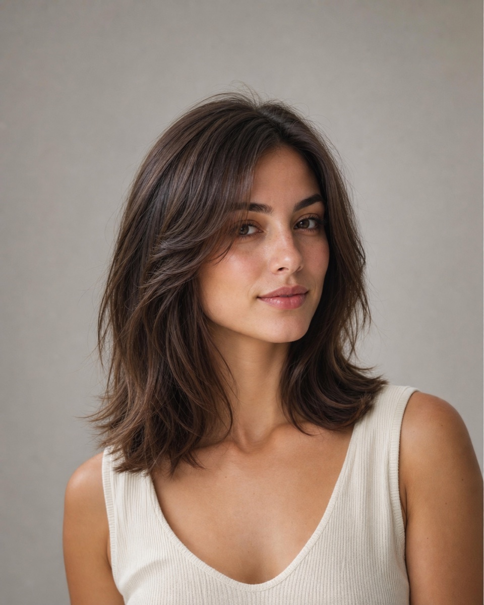 Freshly washed hair shaped into a polished shoulder-length cut